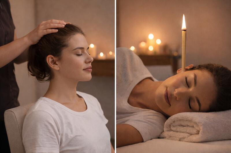 Person enjoying Indian head massage and Hopi Ear Candles at HUSH Therapies in Llandudno
